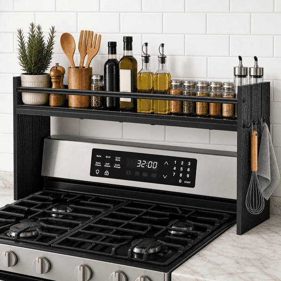 Black Over Stove Spice Rack Organizer With 4 Hooks Wood & Metal Combined Kitchen Storage