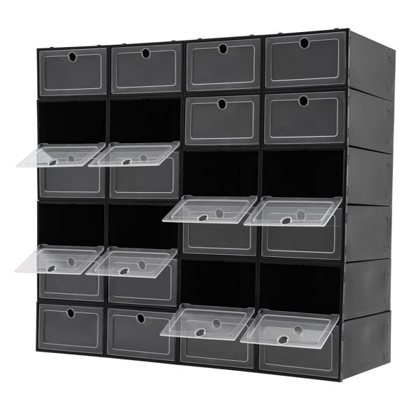 Black Over-The-Door Shoe Boxes 24 Pack - Space Saving Drawer Storage System (No Assembly)