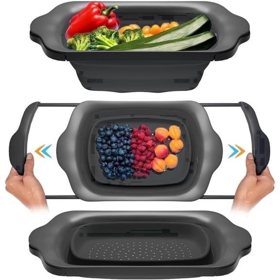 Comfify Over-the-Sink Colander with Handles Sleek Plastic Black Kitchen Strainer for Pasta, Vegetables & Fruits Space-Saving Design 17.1 x 10.2 x 1.75 Inches