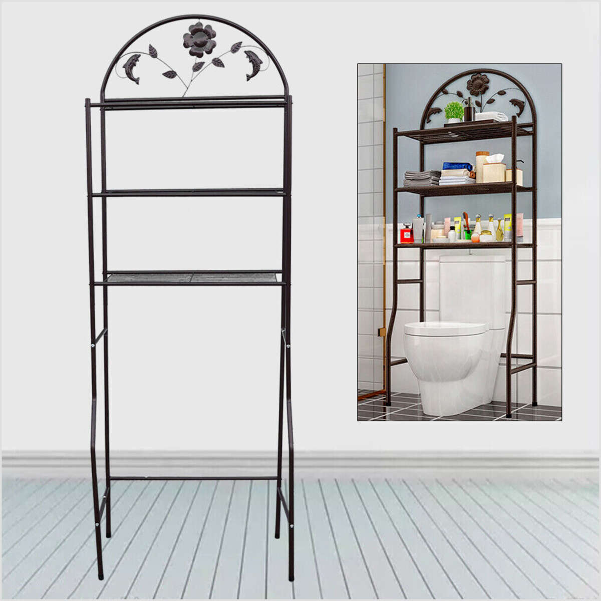 Black Over The Toilet Storage Rack 3Tier Bathroom Shelf Stand Space Saving New
