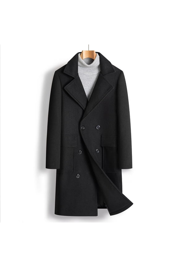 Black Overcoats for Men Long Trench Coat Wool Blend Peacoats Winter Notched Lapel Windbreaker Outerwear with Pockets