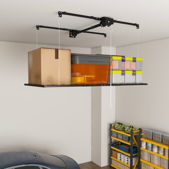 Black Overhead Garage Storage Rack 3x6 FT for High Ceilings 10-12 FT, Steel, Industrial