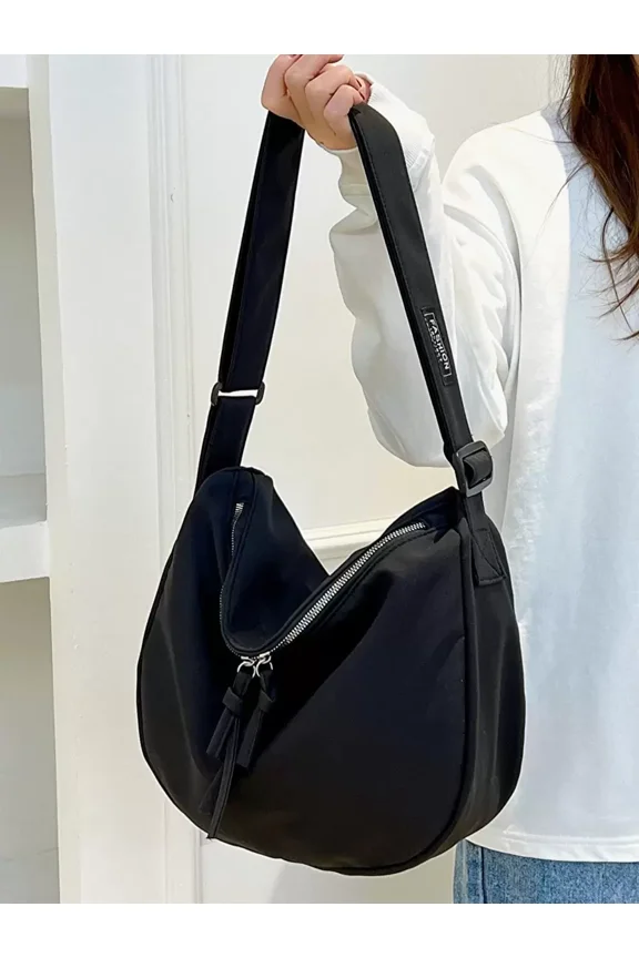 Black Oversized Hobo Shoulder Bag With Zipper Closure And Tassel Detail