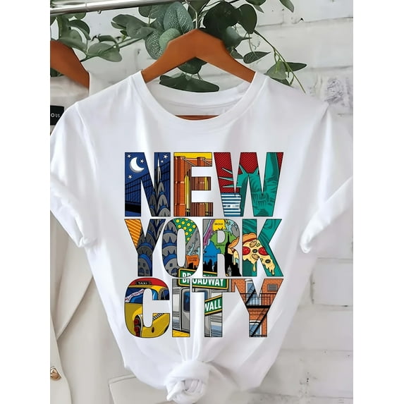 Black Oversized New York City Graphic Print T-Shirt | Short Sleeve Crew Neck Casual Top for Women | Vibrant Cityscape Design, Casual Sporty Tee, Summer Gifts