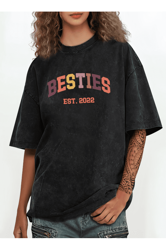 Black Oversized Print Tshirt Graphic Tees Shirts Besties EST 2022 Gradient Letter Pattern BFF Matching Outfits For Daily Casual Tops S-2XL