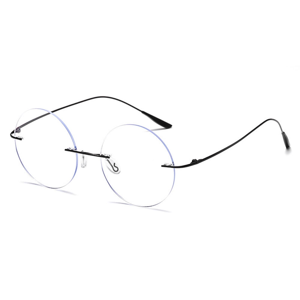 Black Oversized Round Lightweight Screw-Free Reading Glasses 1.00 Titanium Alloy Anti-Blue Light Rimless Readers +1.00 Strength