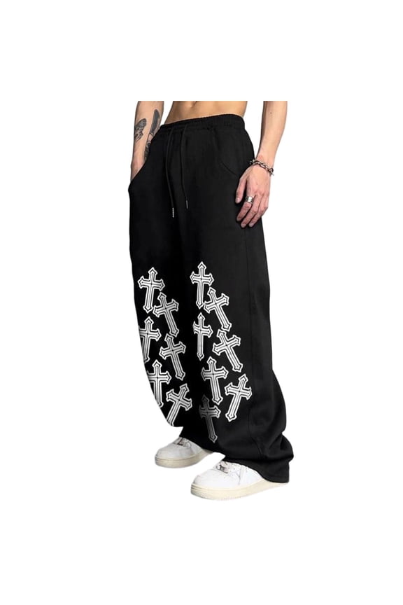 Black Oversized Streetwear Goth Trousers Y2K Mens Wide Leg Joggers Baggy Joggers For Men, Comfort Fit Gym Trousers with Gothic Cross Print, Alt Daily Casual Skate Wear