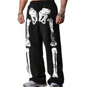 Black Oversized Streetwear Goth Trousers Y2K Mens Wide Leg Joggers Baggy Joggers For Men, Durable Gym Trousers with Skeleton Bone Print, Halloween Hip Hop Party Casual Wear