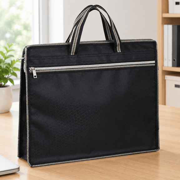 Black Oxford Handle Document Bag with Zipper, Portable Briefcase