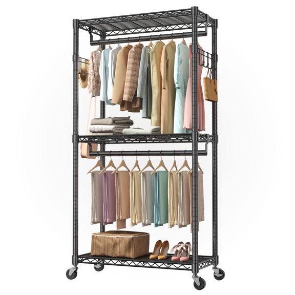Black P5 Heavy Duty Rolling Clothes Rack, 3-Tier Metal Garment Rack with Wheels, Portable Closet Rack for Hanging Clothes Max Load 650 Lbs
