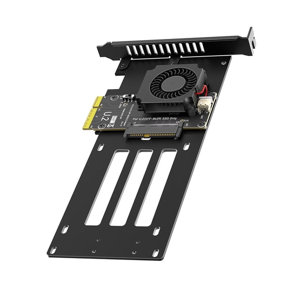 Black PCB U.2 to PCIe x4 Adapter Card, SFF-8639 NVMe SSD Converter with Cooling Fan for Video Rendering Storage Workflows and Servers