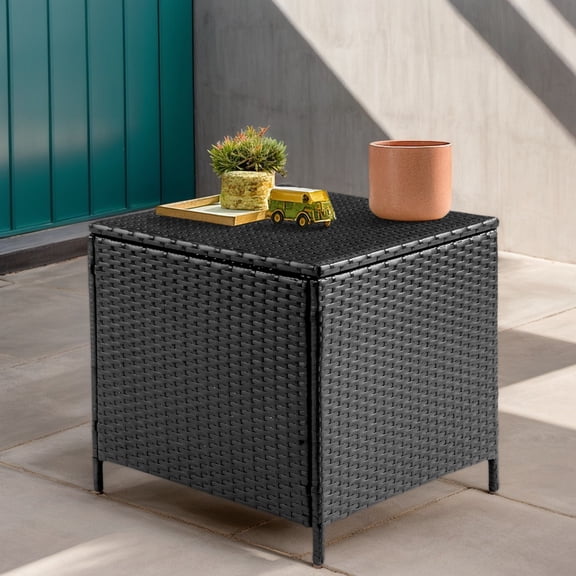 Black PE Wicker Patio Side Storage Table, Durable Outdoor Rattan End Table, Practical Square Container for Daily Garden Supplies and Sundries Organization