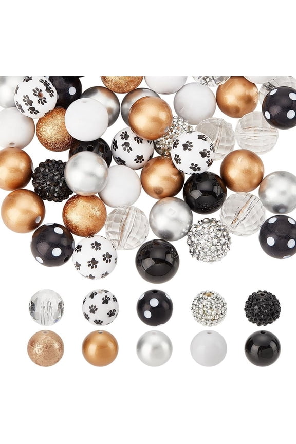 Black PH 50pcs 20mm Acrylic Beads Bubblegum Beads Black Gold Chunk Pen Beads Focal Beads Large Loose Beads for Pen Wedding Christmas Garland Jewelry Bracelet Necklace Pen Bag Chain Making