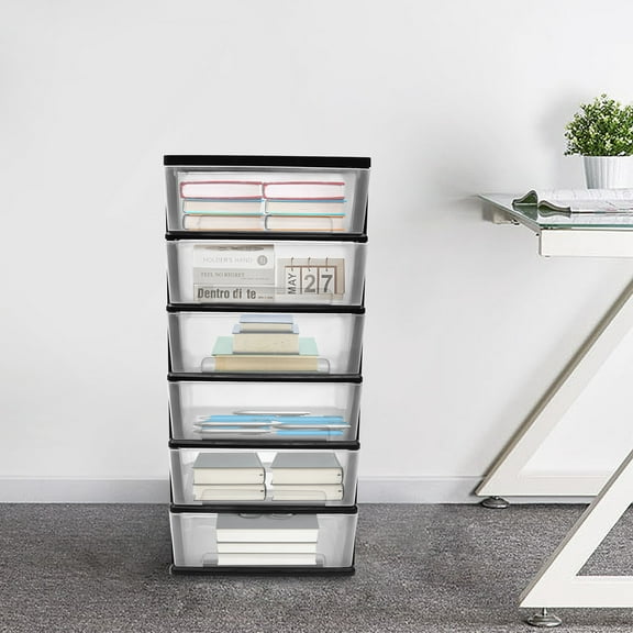 Black PP 109cm High 6-Story Rolling Locker Transparent Drawer File Storage Car Mobile Office Storage Cabinet