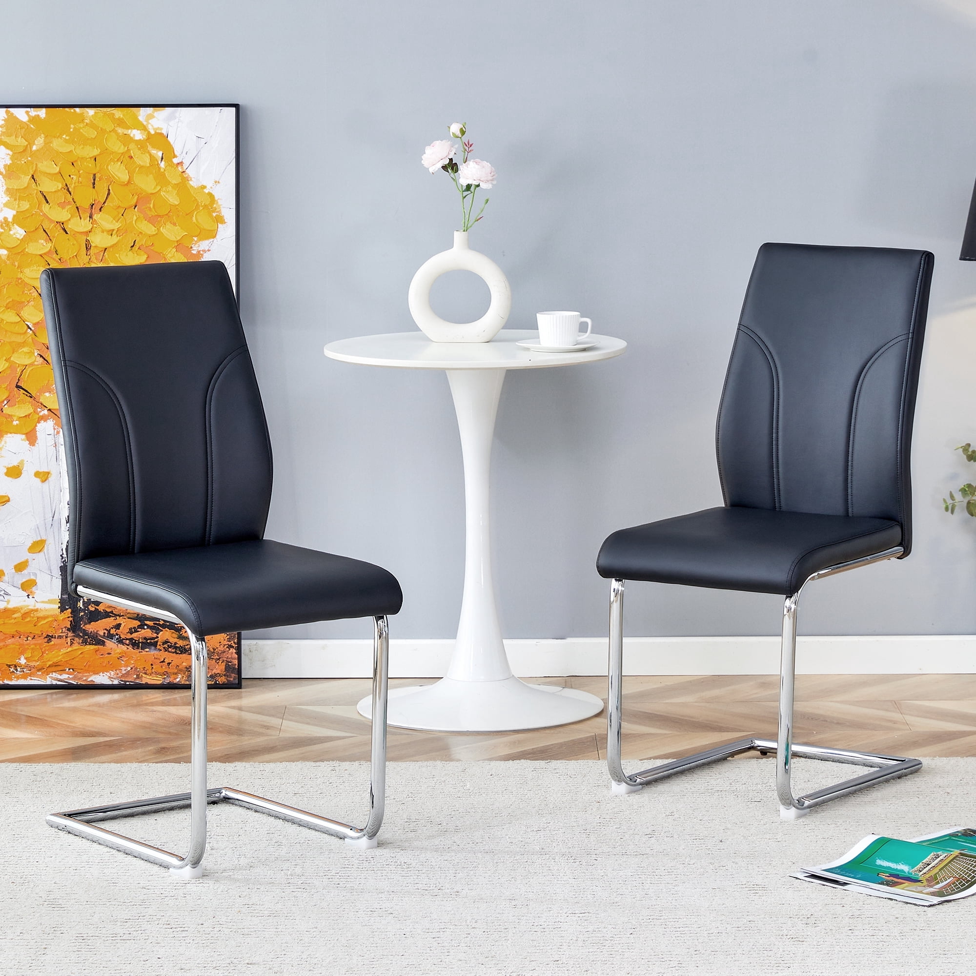 Black PU Dining Chairs Set of 2 with High Back and Sturdy Legs for Dining Room Kitchen Living Room