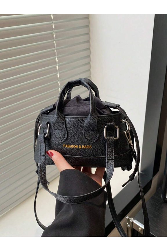 Black PU Drawstring Mini Top Handle Crossbody Bag With Adjustable Strap