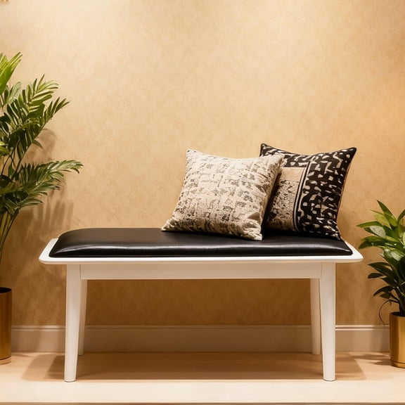 Black PU Entryway Bench with White Wood Legs, 35" Rustic Upholstered Window Bench