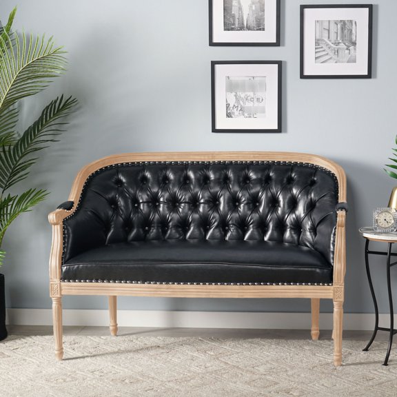 Black PU Finished - Button Tufting and Graceful Arms - Dining Area - Sophisticated Seating Option