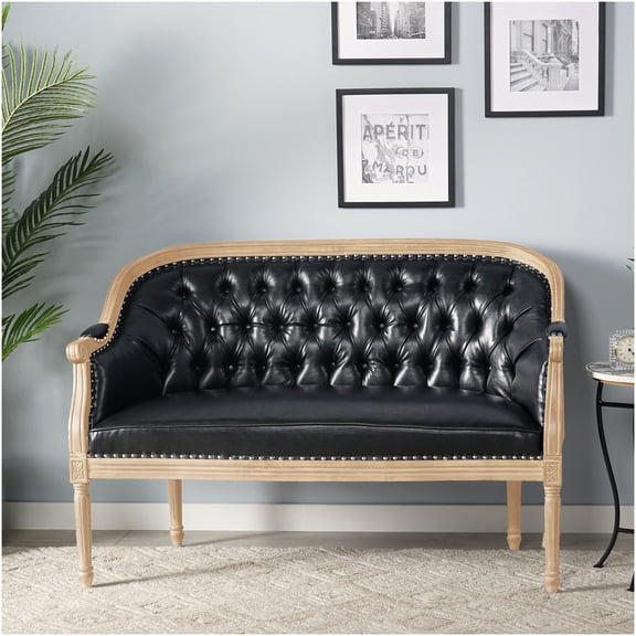 Black PU French Country Tufted Loveseat Chair with Nailhead Accents