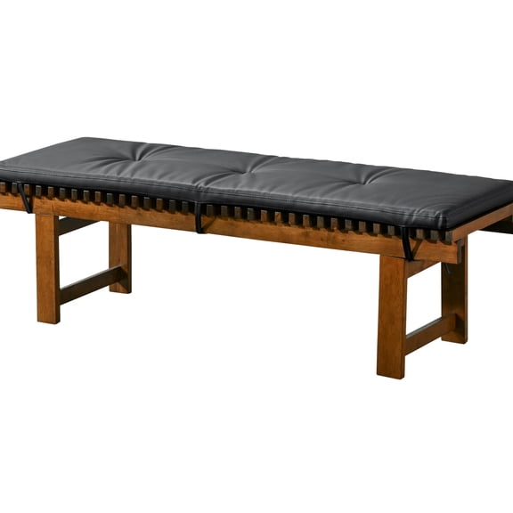 Black PU Leather Bench with Solid Teak Legs / Comfortable Seating for Daily Use