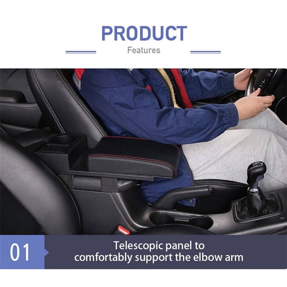 Black PU Leather Car Center Console Armrest Box Cushion Pad Cup Holder Red Line