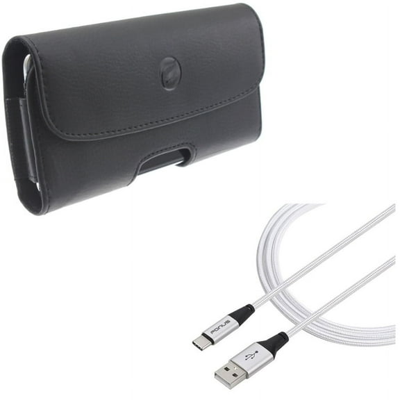 Black PU Leather Case Side Cover Pouch w Braided 10ft Long Type-C USB Cable Wire Sync Z9X for Alcatel 7 - Coolpad Legacy - Nokia 3.1 Plus - OnePlus 7 Pro - Samsung Galaxy S10 5G Note 9 8 A9