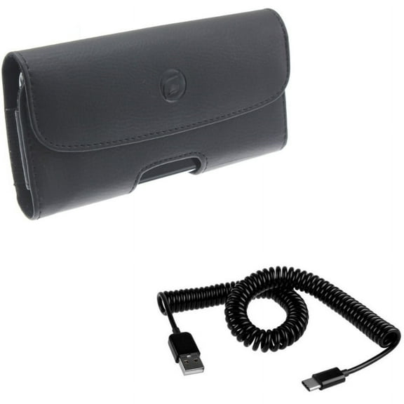 Black PU Leather Case Side Cover Protective Pouch w Black Coiled Type-C Cable Rapid Charger Sync USB Wire N8L for Blackberry Motion - BLU G9, Vivo XI Plus - Google Pixel 3a XL 3 XL 2 XL