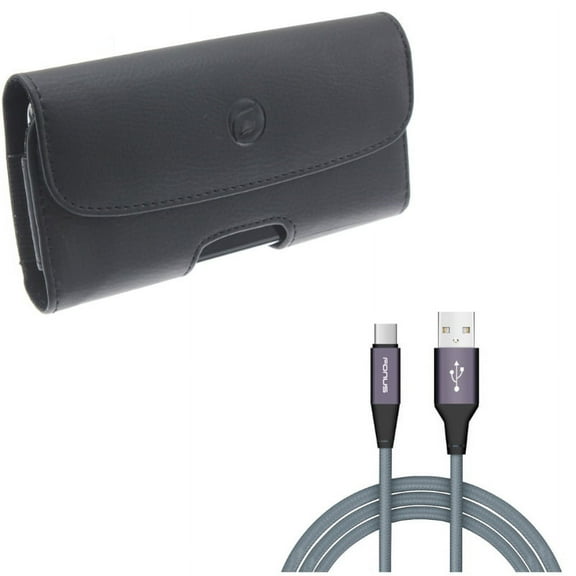 Black PU Leather Case Side Cover Protective Pouch w Gray Braided 6ft Long Type-C Cable Rapid Charge USB Wire Sync W1Y for OnePlus 5T, 6, 6T - Razer Phone 2 - Samsung Galaxy S9 Plus S10 Plus