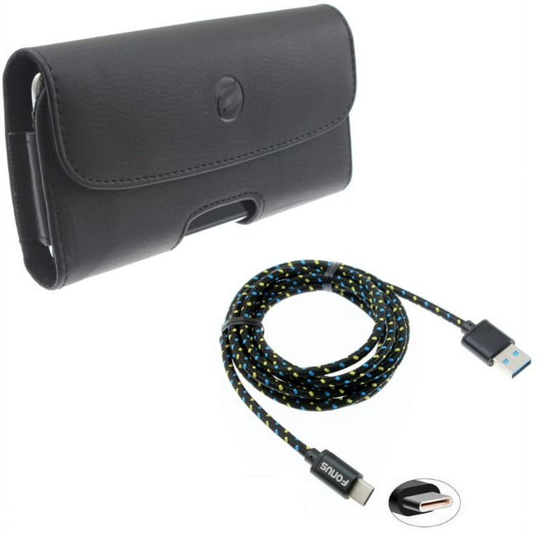 Black PU Leather Case Side Cover w 6ft Long Black Braided Type-C