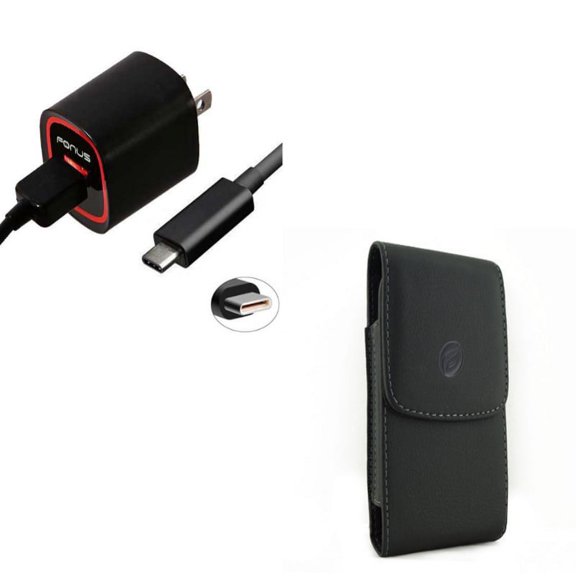Black PU Leather Case w 2.4-Amp Rapid Home Wall AC Charger USB 6ft Type-C Cable D1N Compatible With Google Pixel 3a XL
