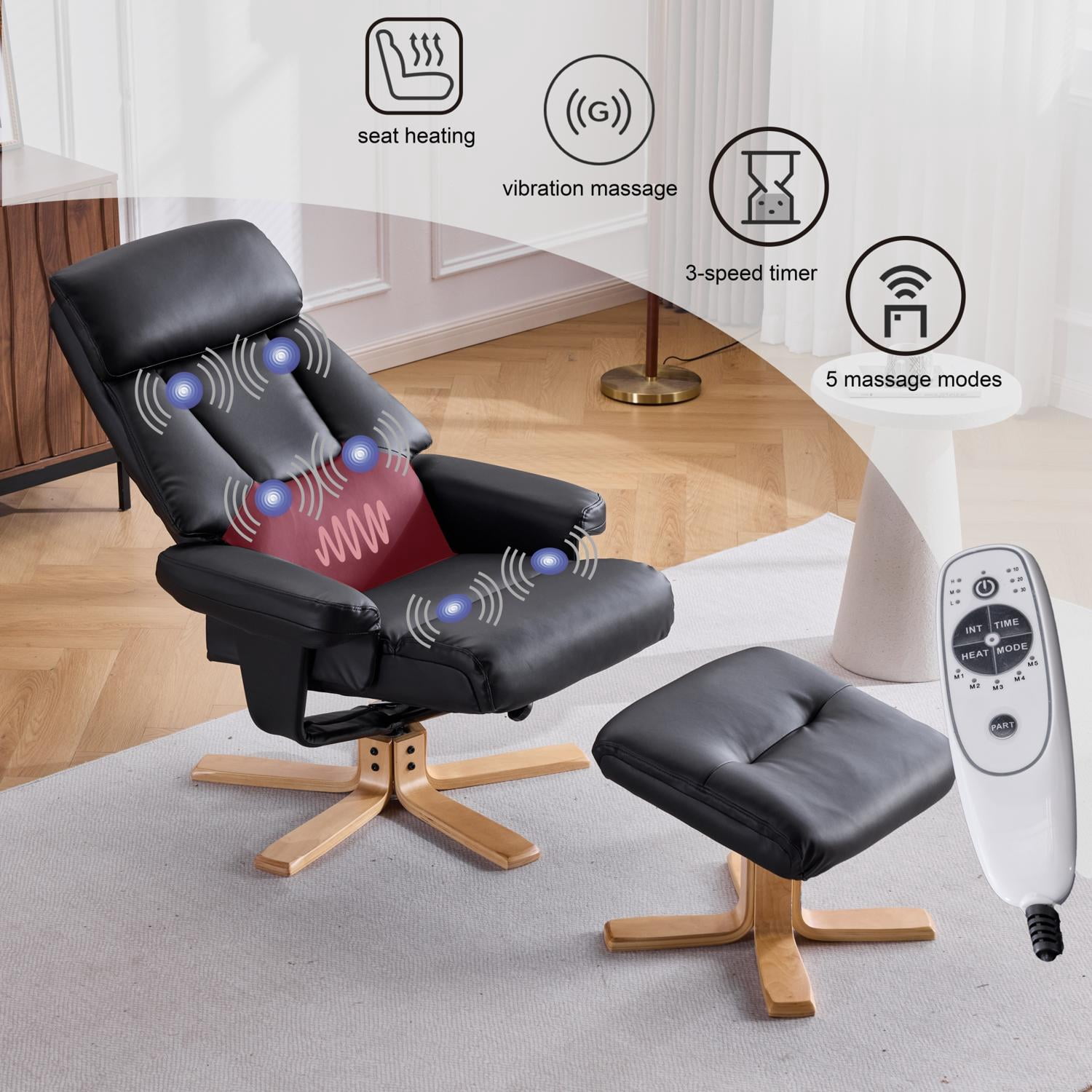 Black PU Leather Heated Massage 360 Degree Swivel Accent Chair, Ergonomic Single Sofa with Ottoman and Adjustable Backrest for Living Room Bedroom Office Apartment, Black