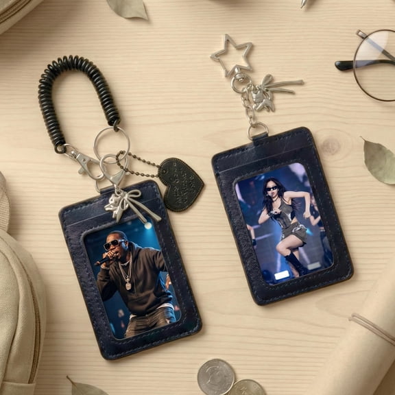 Black PU Leather Card Holder with Keychain, Professional ID Badge Case for Work, Transit Pass Holder for Daily Commute, Office Accessory