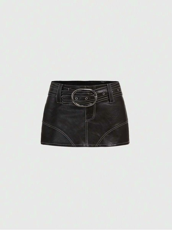 Black PU Leather Mini Skirt With Exposed Seam And Belted Waist