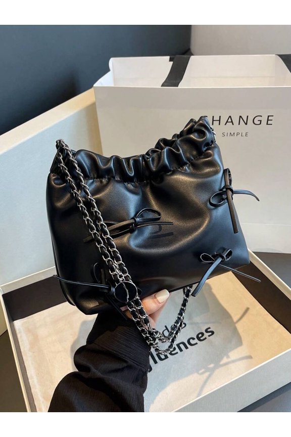 Black PU Leather Pleated Drawstring Shoulder Bag With Chain Strap