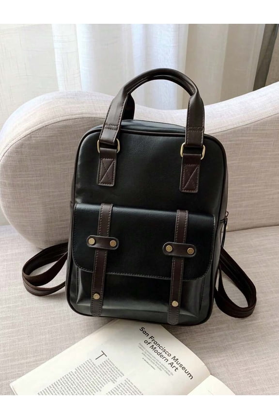 Black PU Leather Preppy Style Backpack With Front Flap And Dual Straps