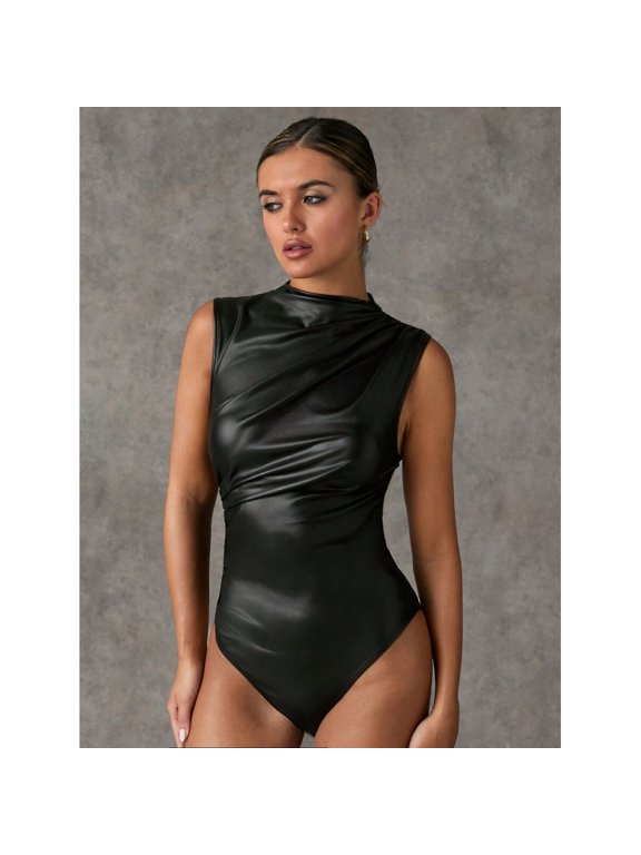 Black PU Leather Sleeveless Ruched Bodysuit With Asymmetrical Neck