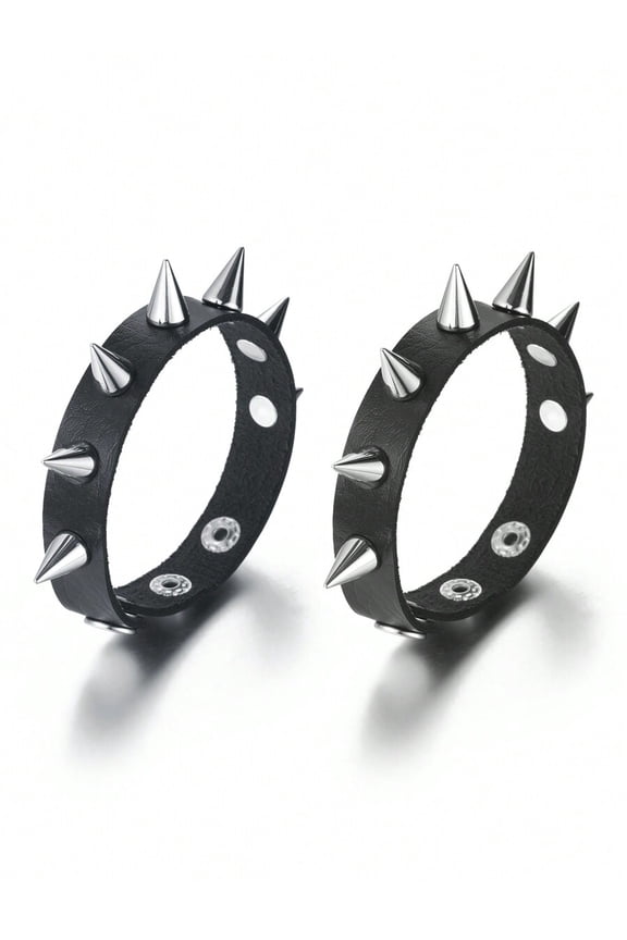 Black PU Leather Spike Bangle Set, Punk Rock Cuff Bracelets, 2-Pack