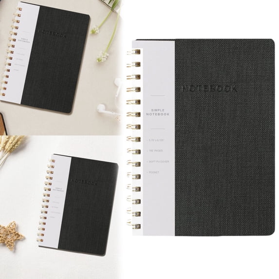 Black PU Leather Spiral Notebook, 5.75x8.125 Inch Twin-Wire Binding Notebook, College Ruled Journal with Inner Pockets and 160 Pages, Thick Paper Notebook for Work, Office & Daily Planning