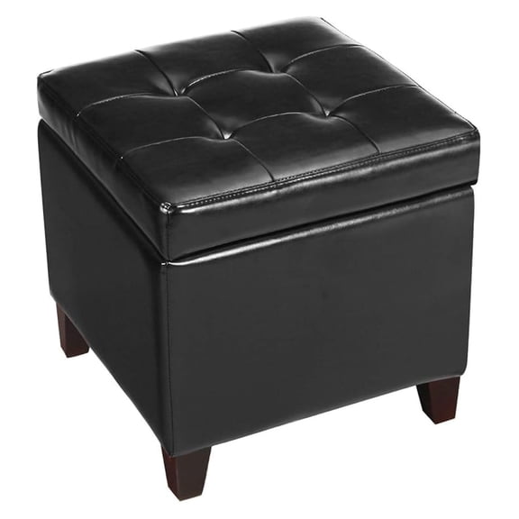 Black PU Leather Square Storage Ottoman Lift Top Footstool with Wood Legs, 18"x18"x18"