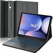 Black PU Leather Stand Folio with S Pen Holder, Backlit Touchpad & Detachable Bluetooth Keyboard for 14.6" Galaxy Tab S8/S9/S10 Ultra