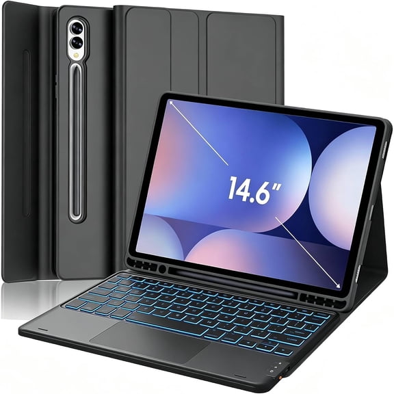 Black PU Leather Stand Folio with S Pen Holder, Backlit Touchpad & Detachable Bluetooth Keyboard for 14.6" Galaxy Tab S8/S9/S10 Ultra