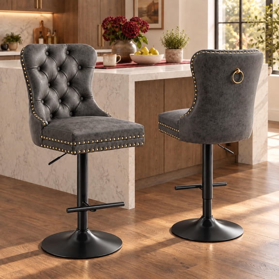 Black PU Leather Swivel Bar Stools Set of 2 with Upholstered Back, Adjustable Counter Height Barstools, Bar Chairs for Home Bar Kitchen Island Pub Restaurant (2 Pcs, Black)