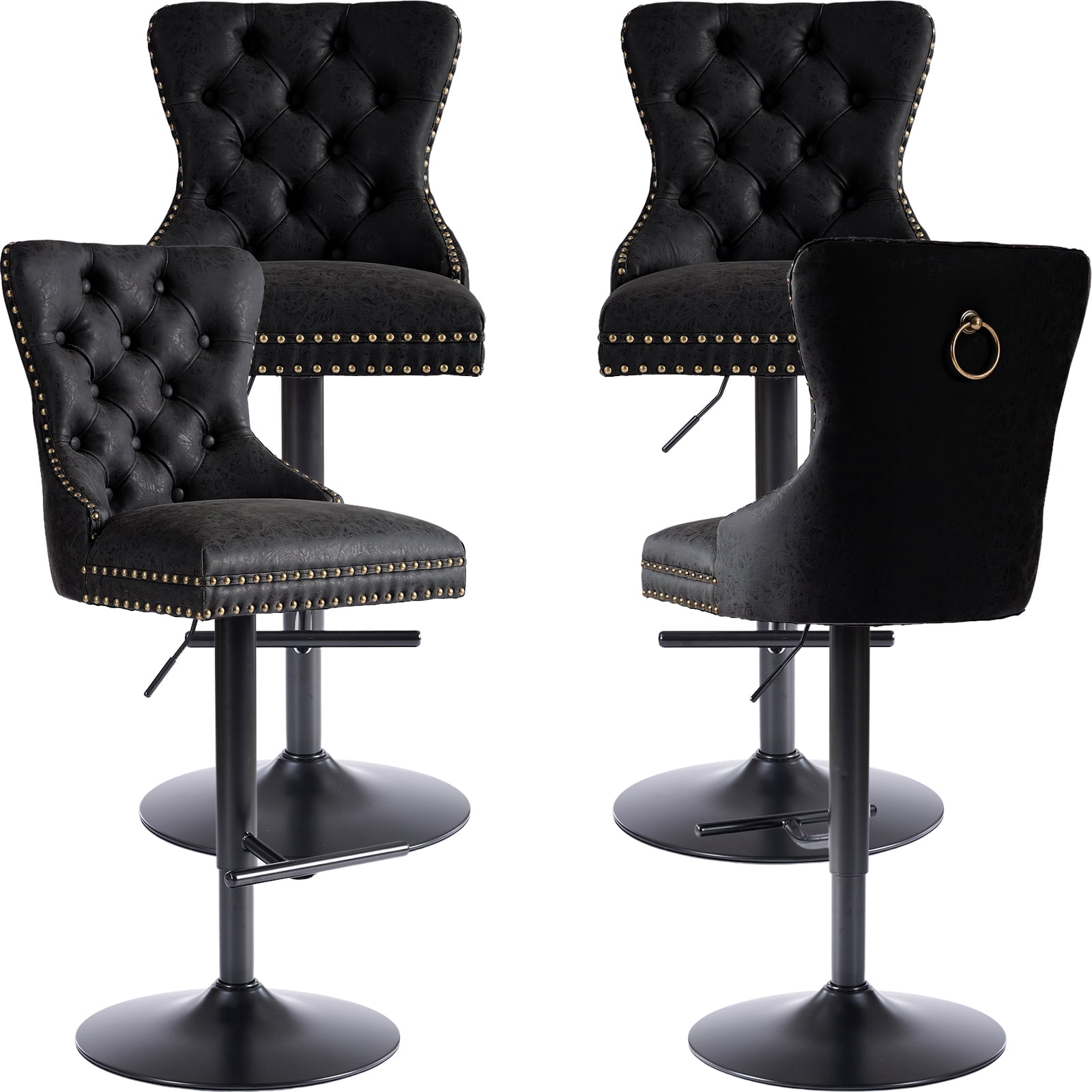 Black PU Leather Swivel Bar Stools Set of 4 with Upholstered Back, Adjustable Counter Height Barstools, Bar Chairs for Home Bar Kitchen Island Pub Restaurant (4 Pcs, Black)