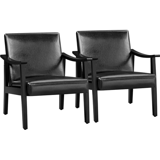 Black PU Leather Upholstered Chairs Set of 2 MidCentury Modern