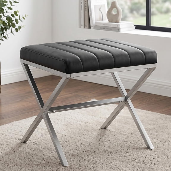 Black PU Leather Vanity Stool with Metal X-Frame Legs, Modern Makeup Bench