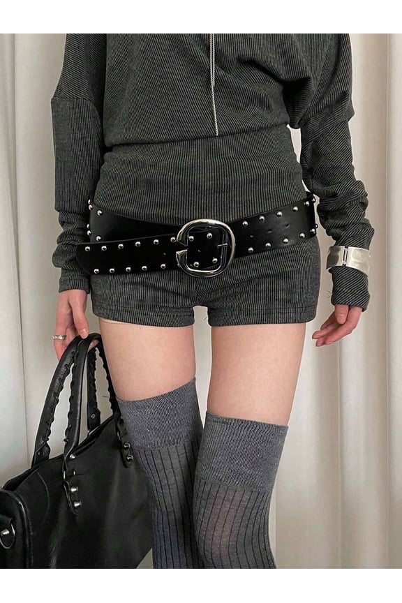 Black PU Leather Wide Belt, C-Shaped Buckle with Studded Rivets for Women