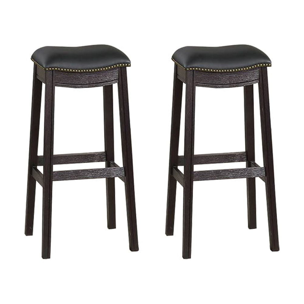 Adjustable Saddle Style Swivel Bar Stool in Black Leather and Wood
