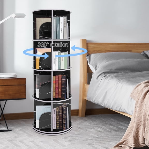 Black PVC 39.9x129cm 4-Layer Rotating Bookshelf 16-Grid Partition and Arc Baffle 360 Rotating Bookcase