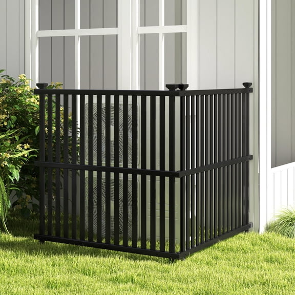 Black PVC Air Conditioner Enclosure Fence Panels with Metal Ground Stakes, Horizontal & Vertical Connectable Slatted Outdoor Privacy Screen for AC Unit Pool Trash Can Pet Barrier
