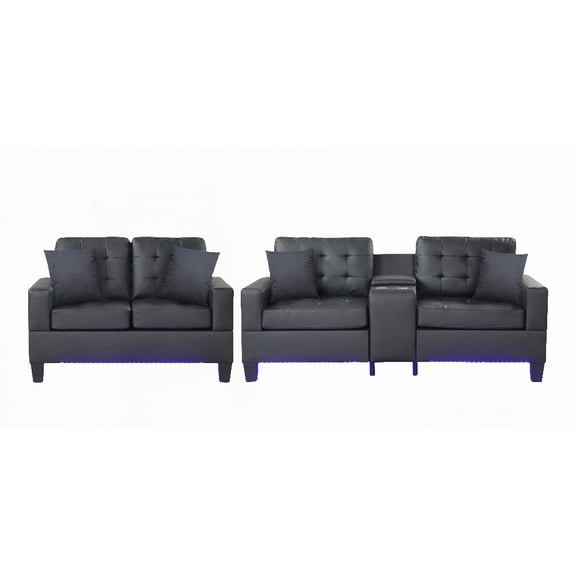 Modern Black PVC Fabric Loveseat with LED Lights, USB & Storage for Living Room (85"W x 34"D x 38"H)